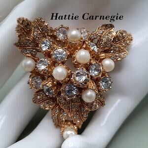 Vintage Hattie Carnegie Brooch, Faux Pearls, Pave Larger Rhinestones Gold Plated